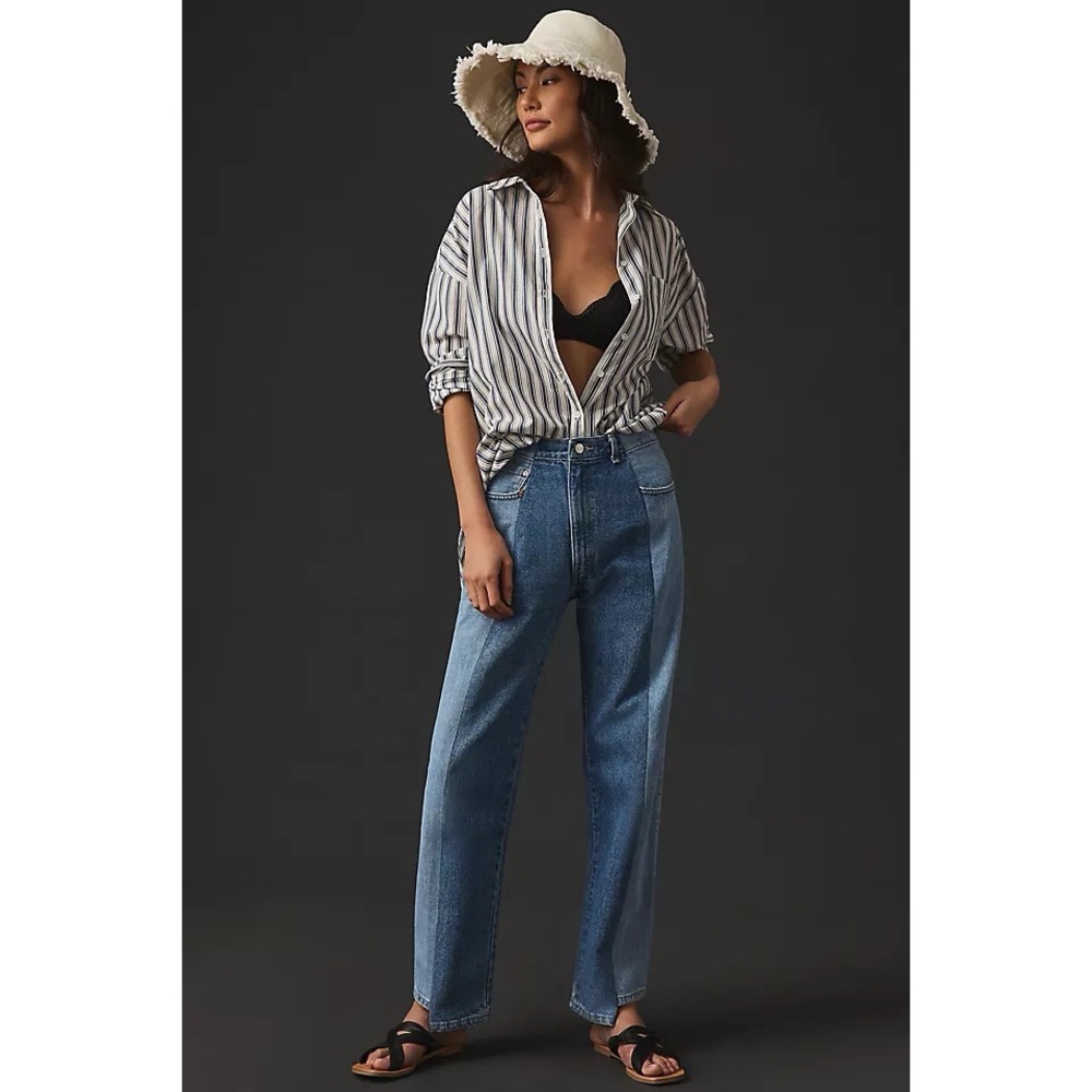 $310 E.L.V. Denim Women's Blue Contrast Straight Leg Denim Jeans Pants Size 28